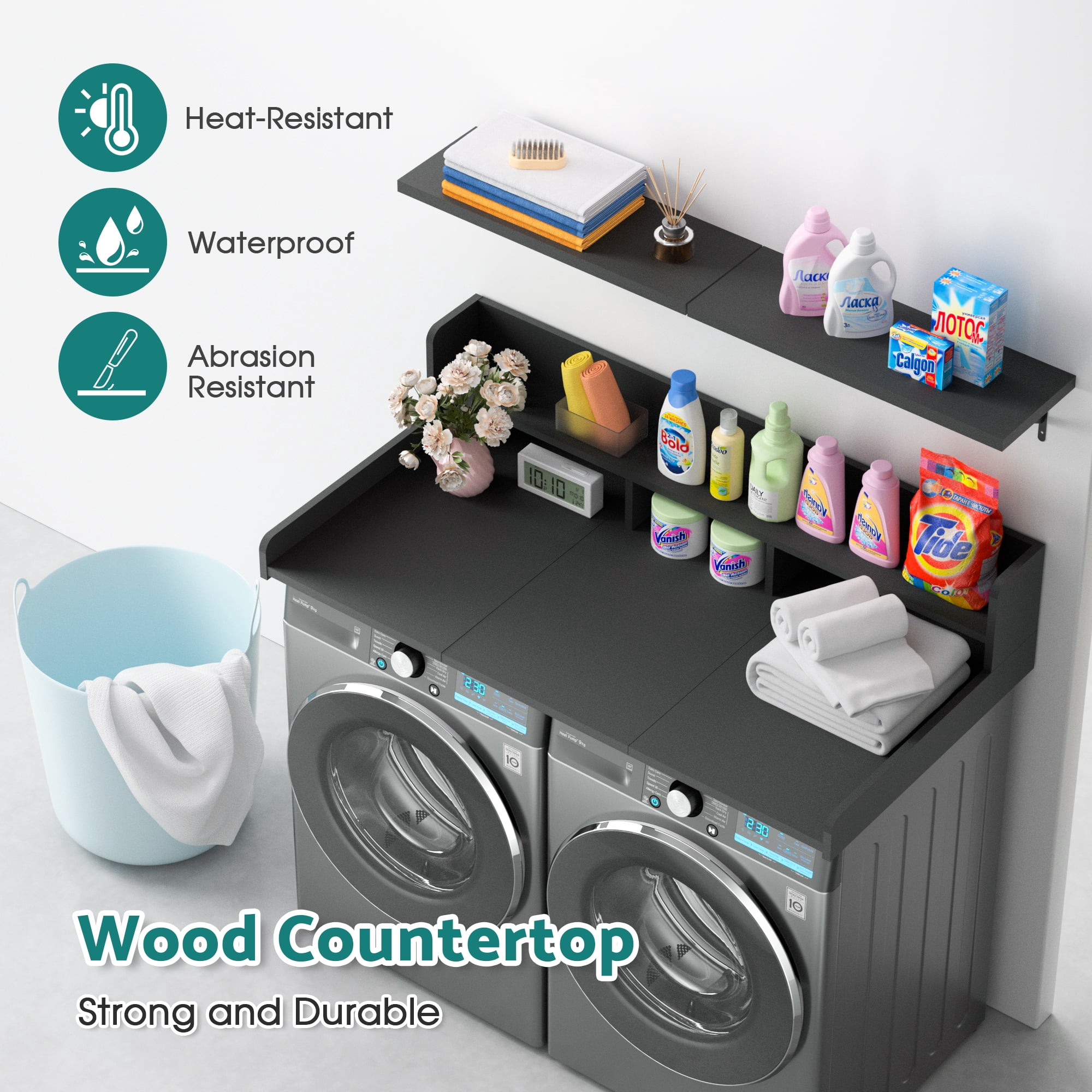 ADVWIN 54" Washer Dryer Countertop with 2-Layer Shelves and Storage Shelf, Laundry Room Countertop Set, Black