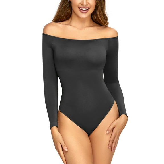 YouLoveIt Women's Off The Shoulder Body Suits Long Sleeve Slimming Bodysuit Tops Stretch Tops Jumpsuit Body Shaper Tops One Piece Bodysuit