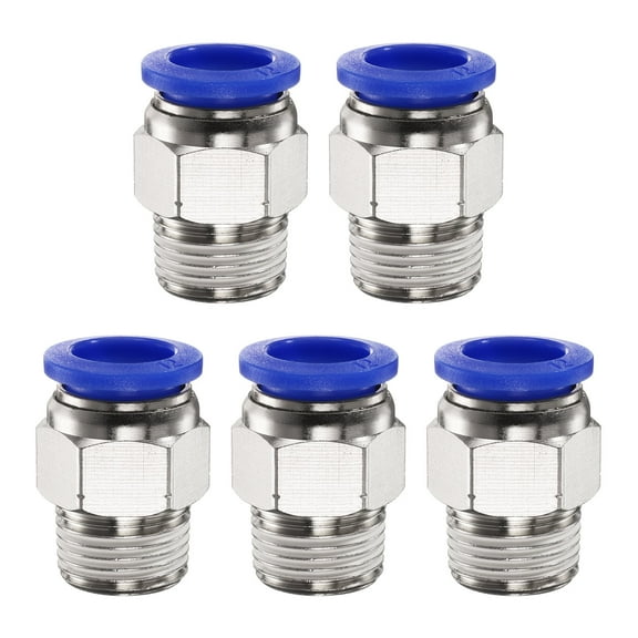 Uxcell 5pcs Push to Connect Fitting 12mm Tube OD x 3/8" NPT Thread Male Straight Quick Connector Copper Air Line Hose Fittings for Industry Air System PC12-N03, Blue