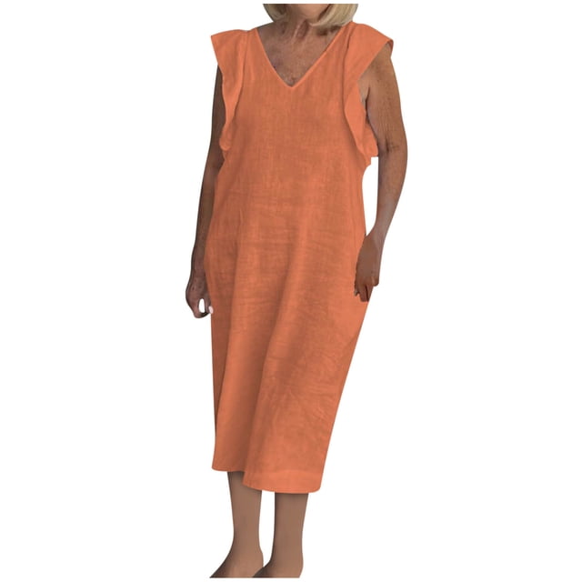 Staron Robe d'Été pour Femmes à Manches à Volants, Ample, Sans Manches, Couleur Unie, Boho, Midi, Décontractée, Printemps, Fluide, Ligne A, Col en V, Robes Soleil, Orange, 3TG