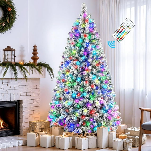 SHareconn 6ft Prelit Snow Flocked Artificial Holiday Christmas Tree with Remote (2025 Upgraded), 330 Pre-Lit Multi-Color RGB Lights, Full Snow Branch Tips for Home, Office, Xmas Decoration, 6 FT