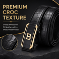 thumbnail image 2 of TRISJEM Men's Crocodile Embossed Ratchet Belt with Gold B Letter Automatic Buckle, 1.38" PU Leather No-Hole Adjustable Dress Belt for Jeans, Chinos, Business Casual and Everyday Wear, Black or Brown,, 2 of 8