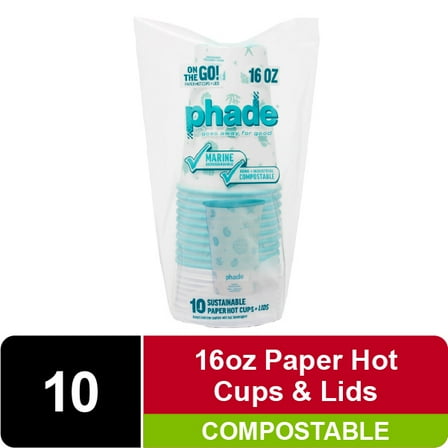 Phade Marine Biodegradable and Compostable Paper Hot Cups with Lids, 16 oz, Sealife Blue, 10 Count