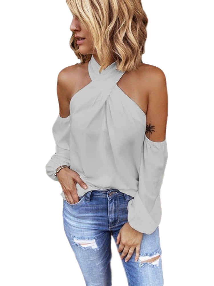 Women Halter Solid Casual Off Shoulder Long Sleeve Shirt Fashion Blouse