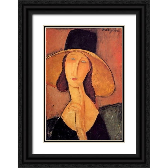 Modigliani, Amedeo 14x18 Black Ornate Wood Framed with Double Matting Museum Art Print Titled - Portrait dune jeune femme au chapeau (Jeanne Hobuterne avec un grand chapeau)