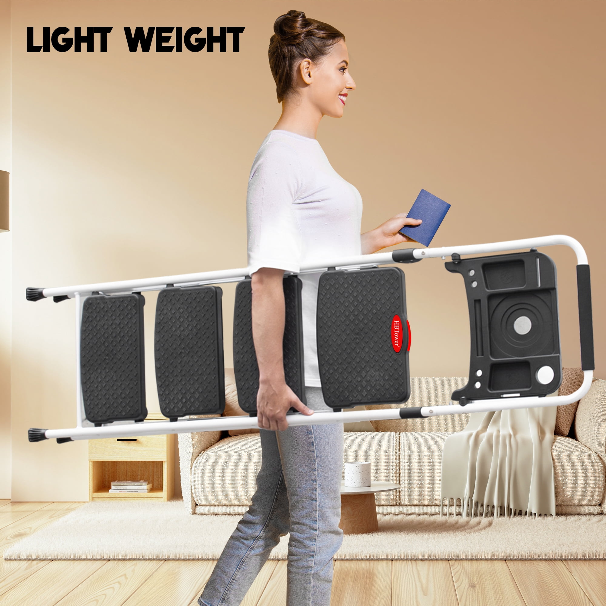 HBTower Folding 4 Step Ladder with Tool Tray, Wide Anti-Slip Pedal and Anti-Slip Feet, 330lbs Capacity, White