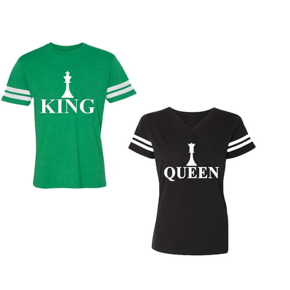 Chess King QueenUnisex Couple Matching Cotton Jersey style T-Shirt Contrasting stripes on sleeves (Men Green / Women Black) (Men S / Women S)