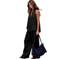 thumbnail image 2 of Women 2 Piece Outfits Halter V Neck Sleeveless Top and Wide Leg Pants Set with Pockets Black S, 2 of 6