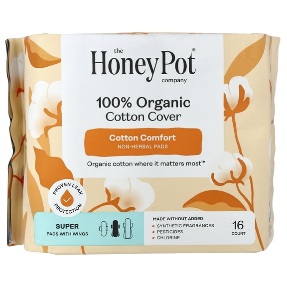 The Honey Pot Company Organic Non-Herbal Pads with Wings, Super, 16 Count