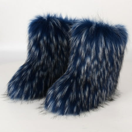 Women s Fur Boot Furry Fluffy Short Snow Boot Mid-Calf Boots Warm Comfortable Outdoor Flat Shoes for Winter