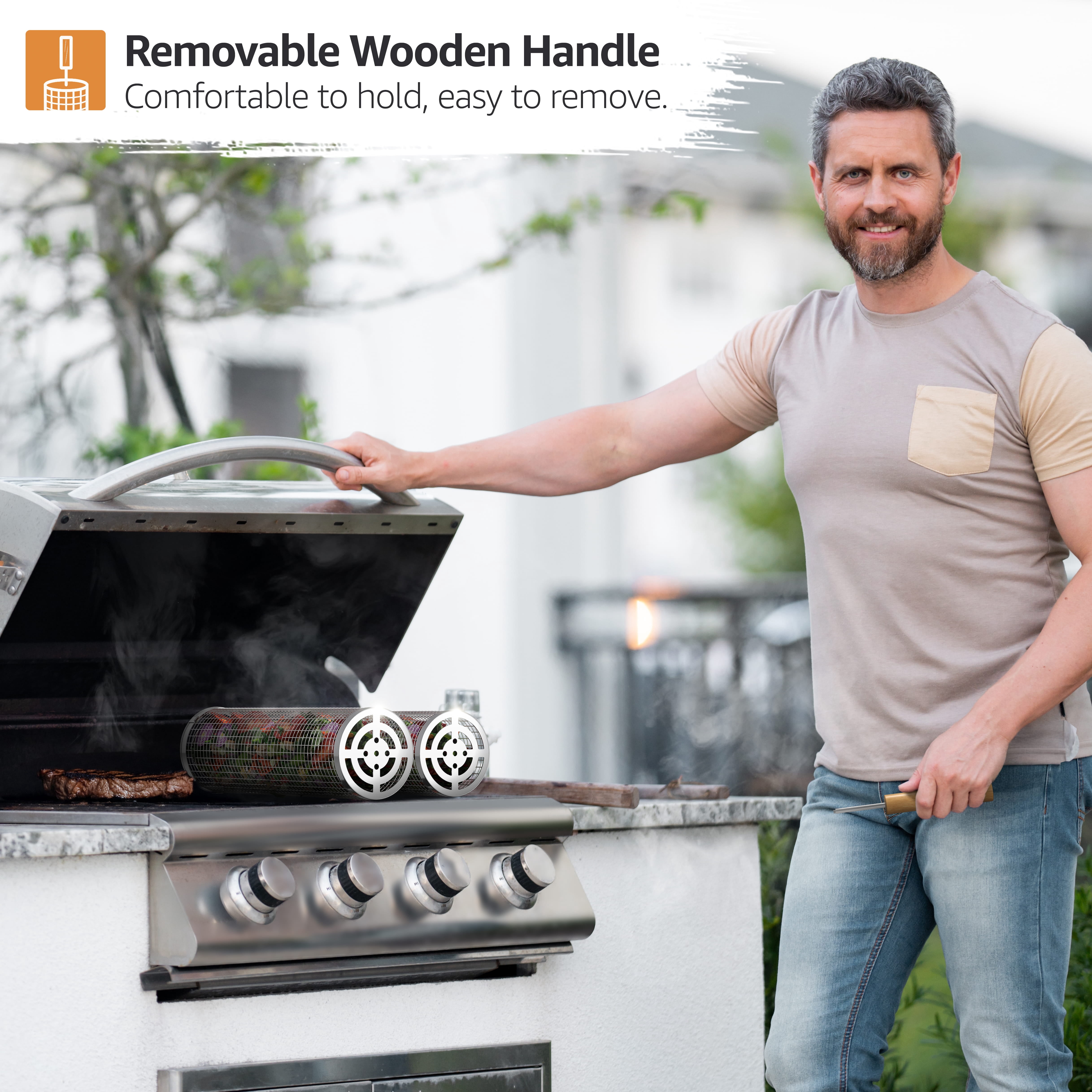 Sorbus 2-Pack Rolling Grill Baskets, 304 Stainless Steel, Removable Wood Handles, Nesting BBQ Basket