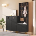 thumbnail image 1 of Coat Rack Set with Shoe Bench and Cushion, Coat Rack Front with Hooks, Shoe Cabinet with Drawers and Doors,Black, 1 of 22