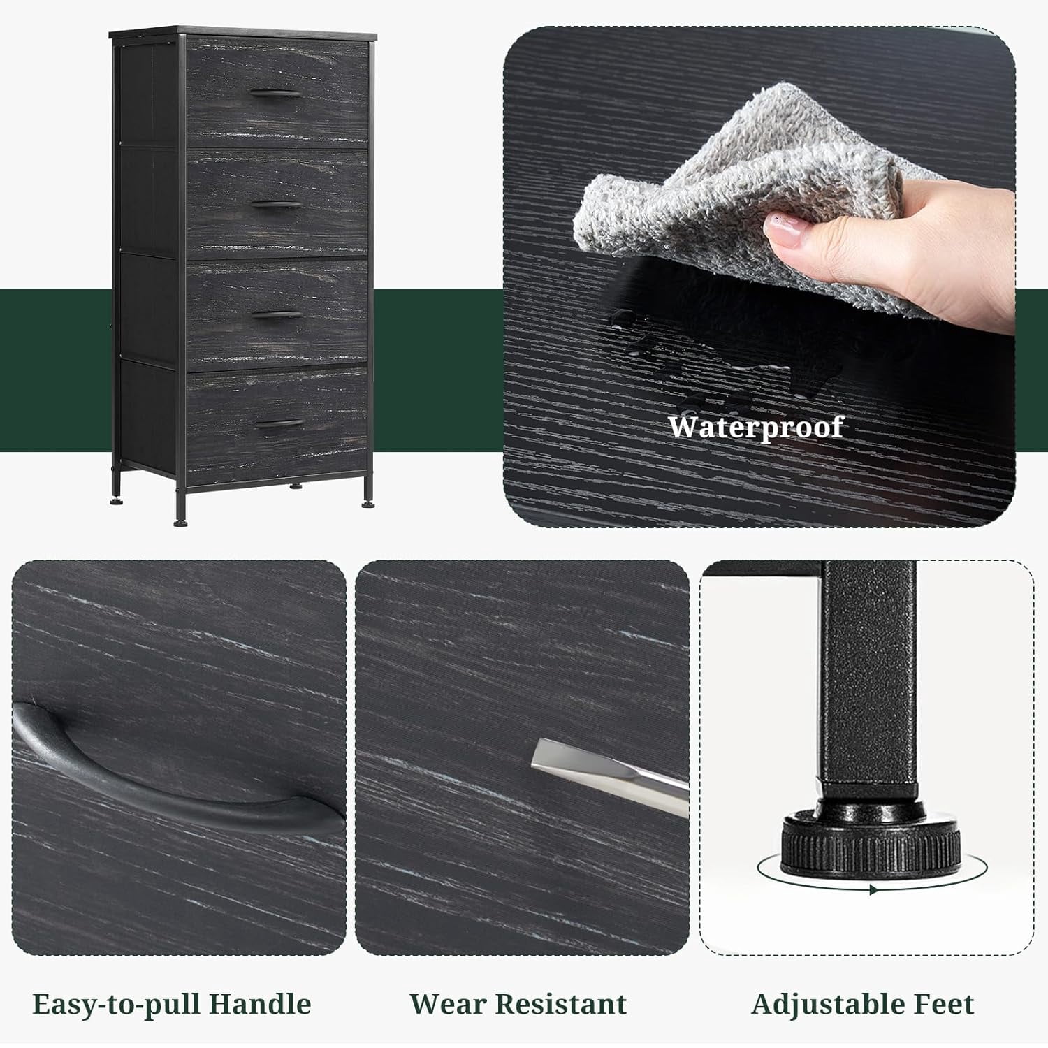 ACCVER Dresser for Bedroom 4 Storage drawer, Fabric Closet Chests Organizer Tower with Wooden Top Metal Frame for Living Room Hallway Entryway, Black Wood