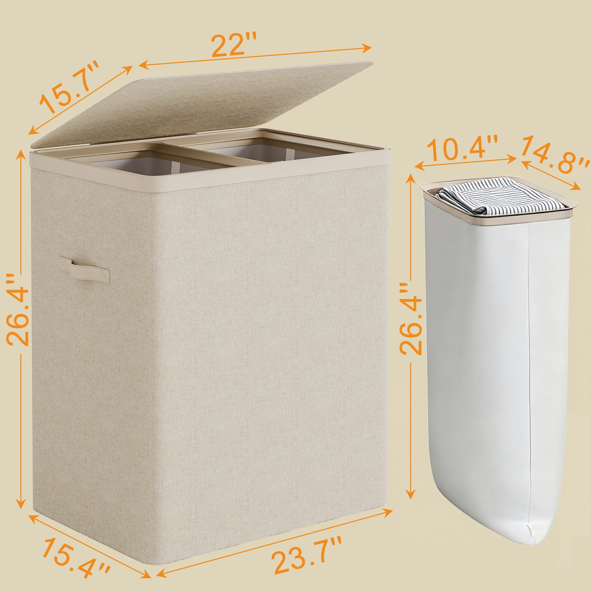 BGTREND 150L Double Laundry Hamper with Lid, 2 Removable Washing Bags with Handles, Large Clothes Sorter for Easy Separation (Beige)
