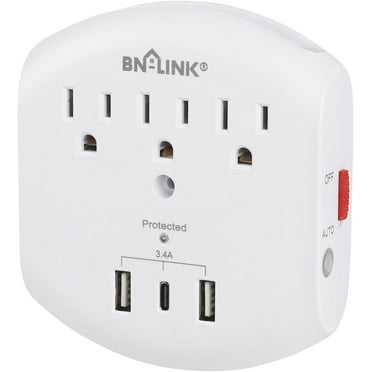 BN-LINK 3-Outlet Extender, Multi Plug Outlets with 3 USB Ports (3.4A Total), Dusk-to-Dawn Sensor Night Light, Surge Protector with Top Phone Holder, for Traveling, Home, School, Office