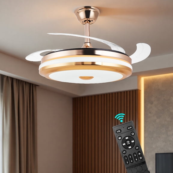 Jacgood 42-inch Retractable Blade Ceiling Fan with Dimmable 3-Color LED Light, 6-Speed Quiet Reversible DC Motor, Fandelier for Bedroom Living Room Kitchen, Gold