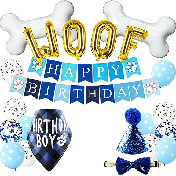 Dog Birthday Party Decoration Set with "Woof" Balloons, Bandana, Party Hat and Bowtie for Pet Birthday Celebration Blue 25" x 17"