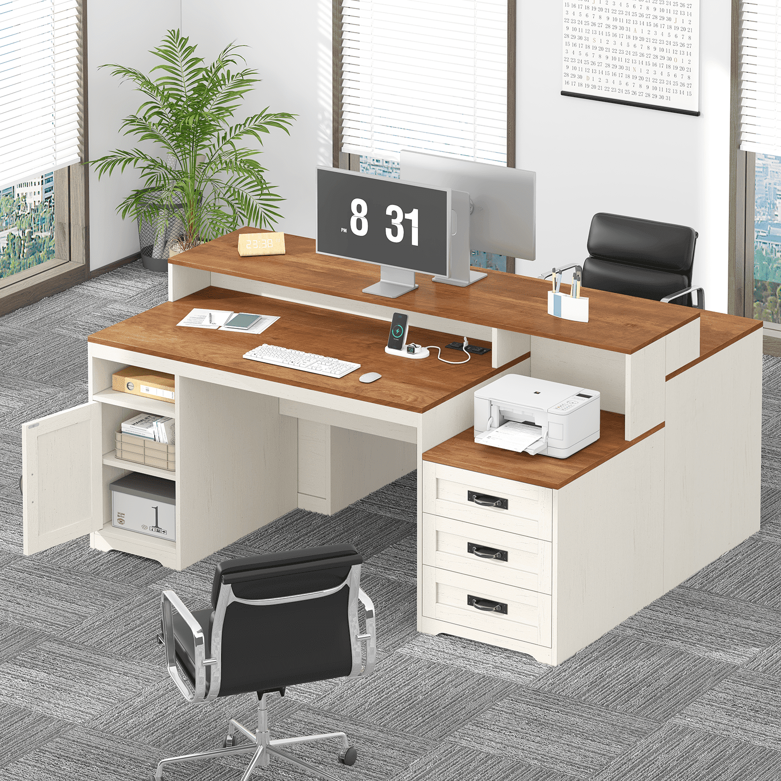 Farmhouse Computer Desk with Drawers, 65'' Home Office Desk with Power Outlets, Storage Cabinet and Printer Stand, Study Writing Desks with Long Monitor Stand, Brown and White