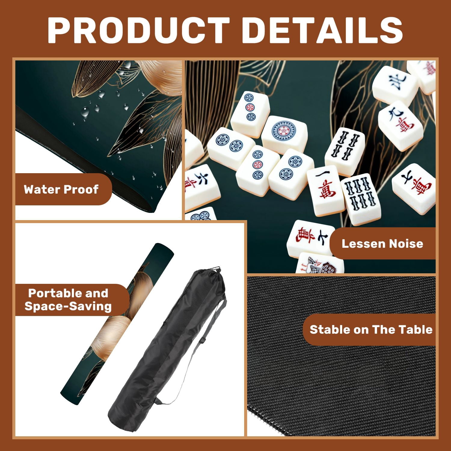 Mahjong Mat 31.5" x 31.5" Vintage luxury seamless floral golden lilies flowers Non-Slip Noise Reduction American Mahjong Tiles Table Cover for Dominoes Poker Card Board Games Gift