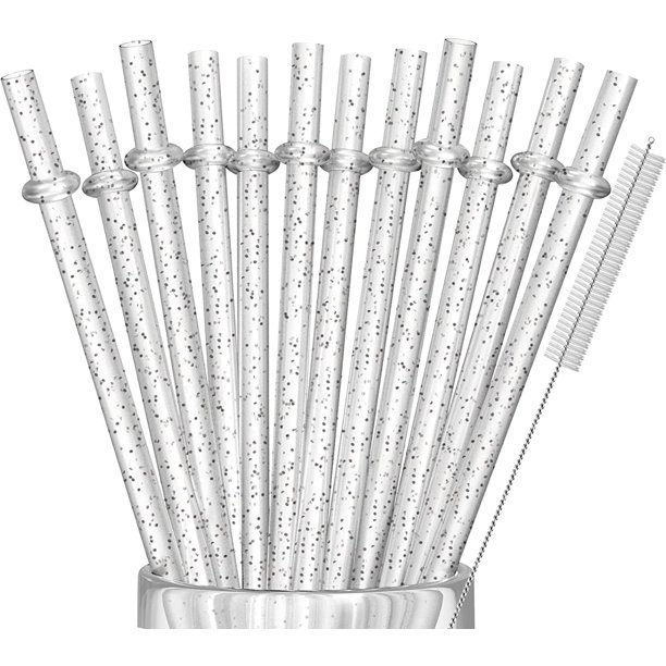 12Pack Glitter Clear Reusable Plastic Straws for Tumblers and Mason Jars. 11 Inches Long