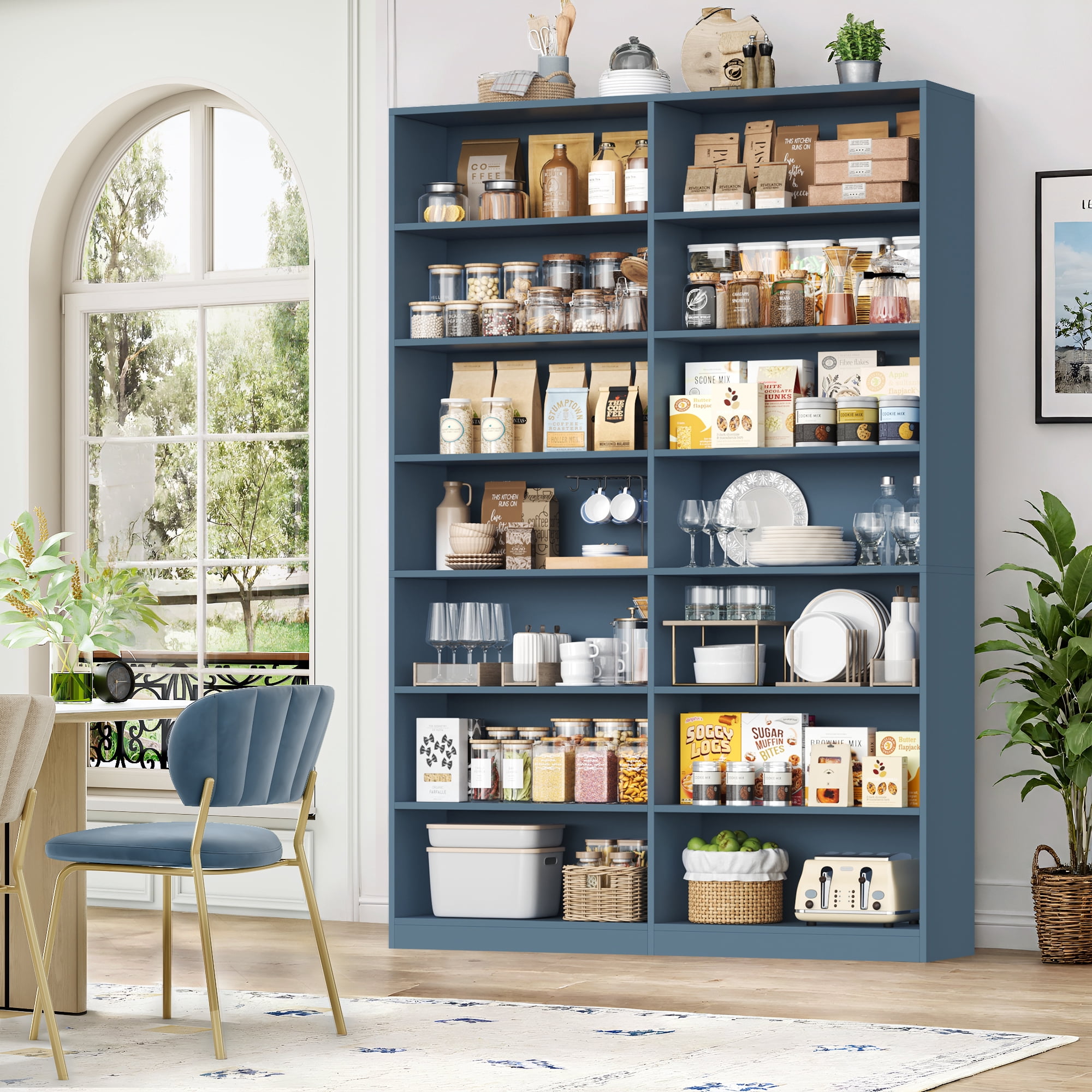 Hiphuta 84" Tall Double Wide 7-Tier Bookcase with 14 Cubes, Large Open Bookcase for Home Office and Living Room, Freestanding Display Book Shelves, Blue
