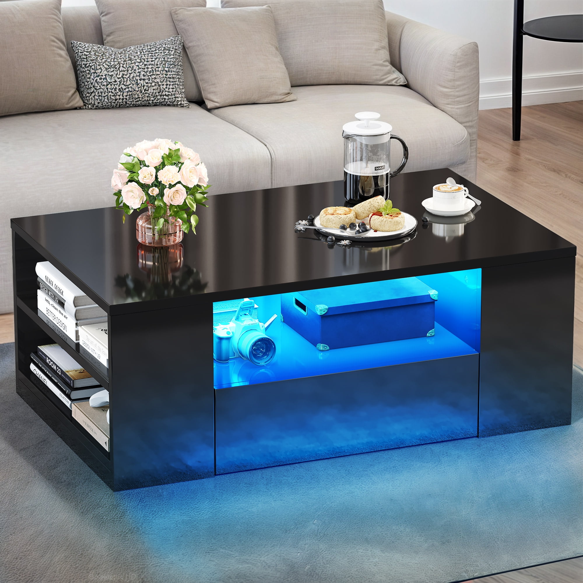 Uforic LED Coffee Tables High Glossy Center Table with 2 Sliding Drawers and Open Shelf, Black
