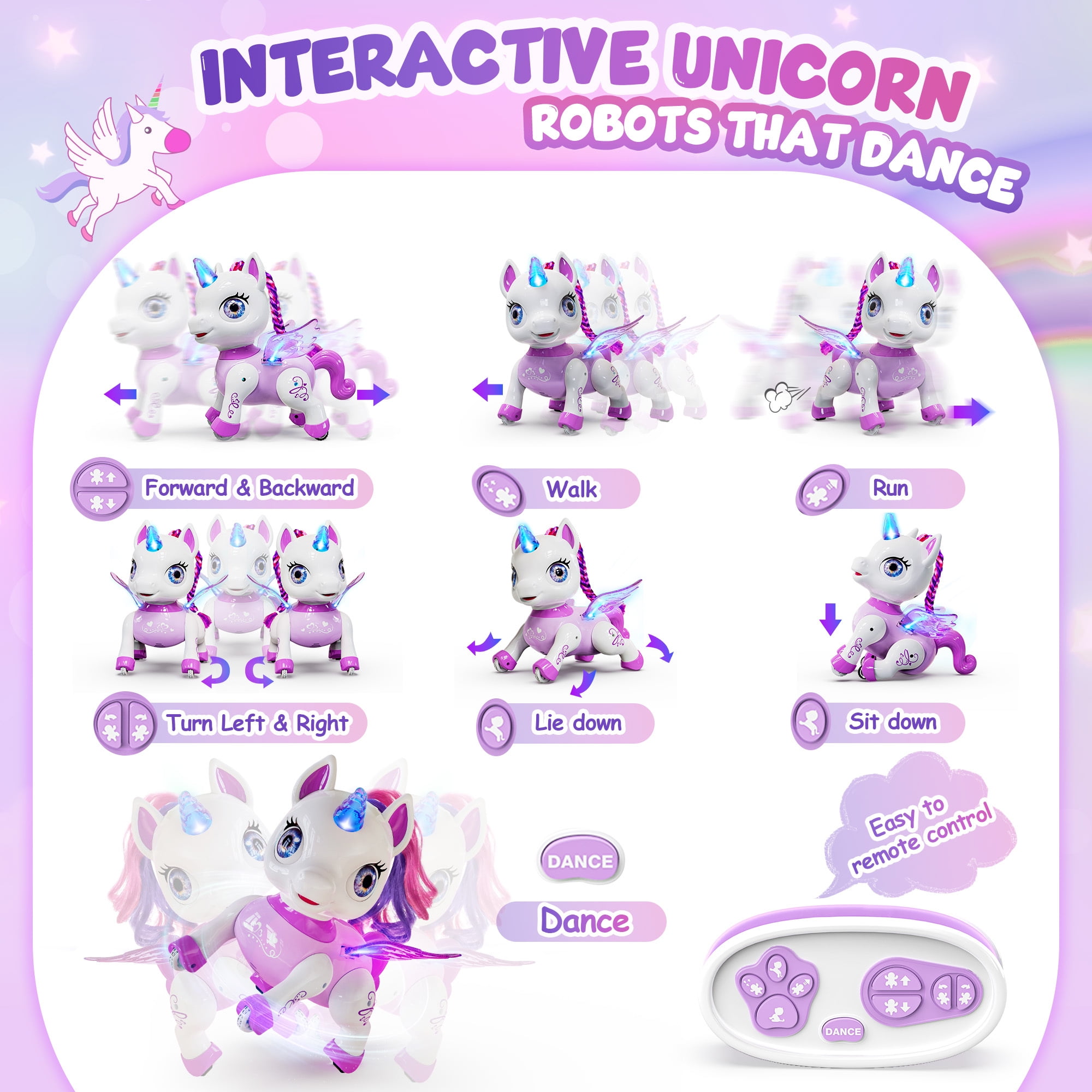 Freecat Girls Unicorn Toy, Kids Robot Pets, Remote Control Robot Toy for 3 4 5 6+ Years Old, Christmas Birthday Gift for 2-4 5-8 Years, STEM Toy Program Treats, Dancing Robot Unicorn Kids Toy Purple.