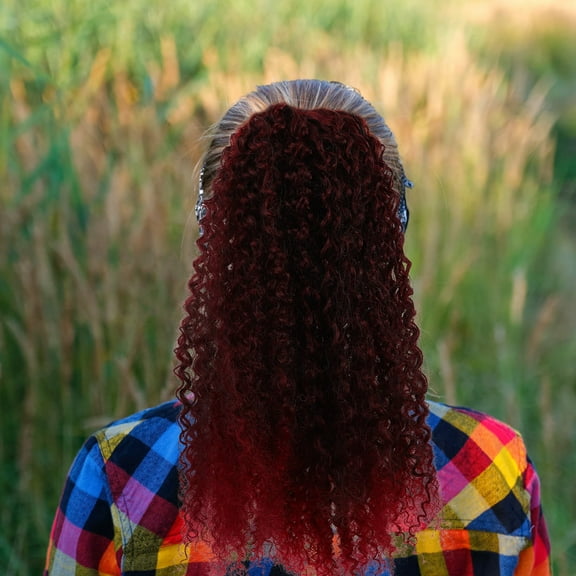 ELAYARD Synthetic Dark Red Afro Curly Ponytail Hair Extension with Drawstring for Women Special Occasions and Daily Wear