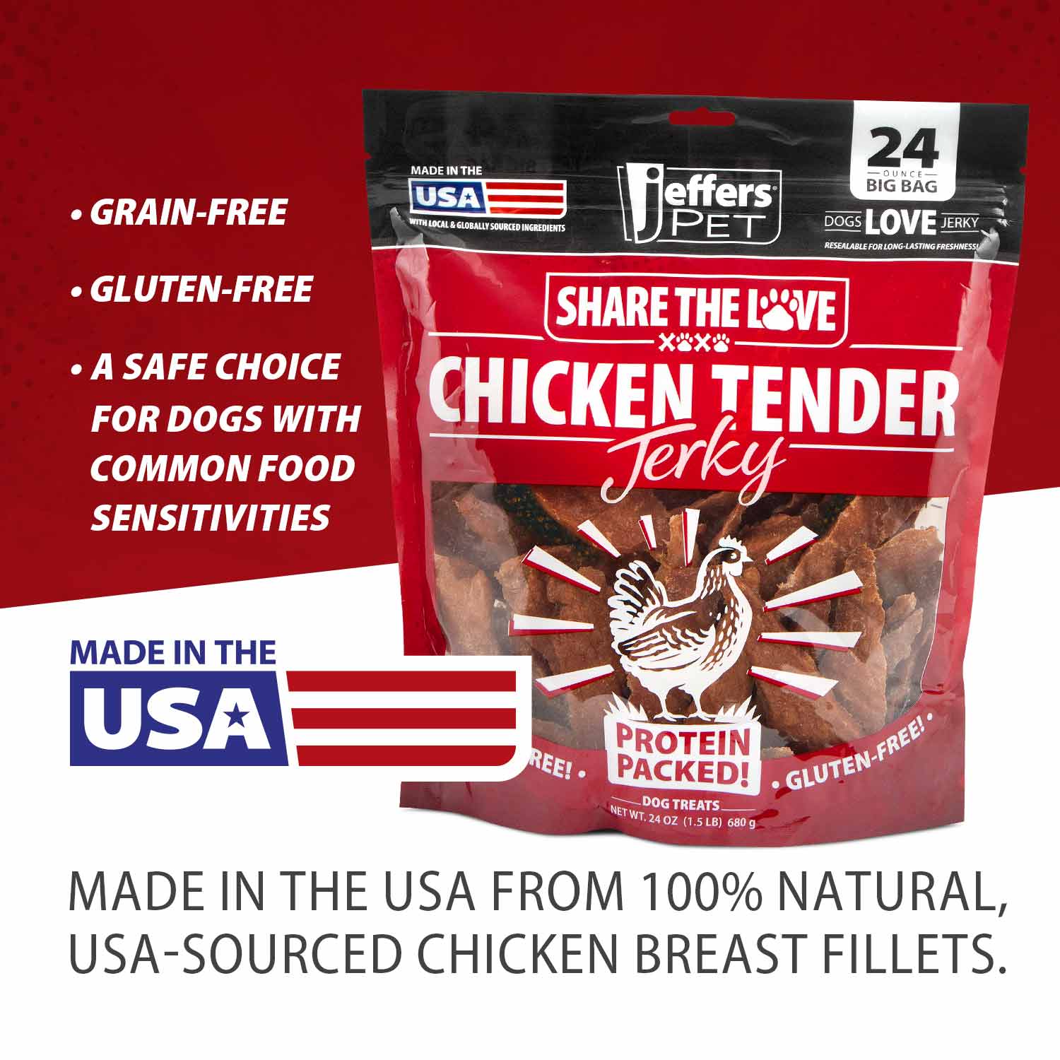Jeffers Chicken Jerky Dog Treats, 24 oz Bag – Healthy Natural Chicken Breast Tender, Grain Free Soft Chewy Pet Snacks, High Protein Training Rewards for Puppies & Adult Dogs, Made in USA - 2 Pack