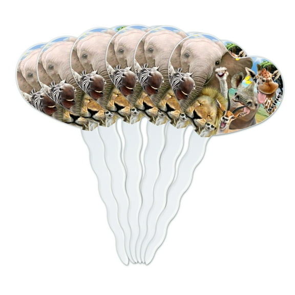 Africa Animals Selfie Giraffe Elephant Lion Zebra Heart Love Cupcake Picks Toppers Decoration Set of 6