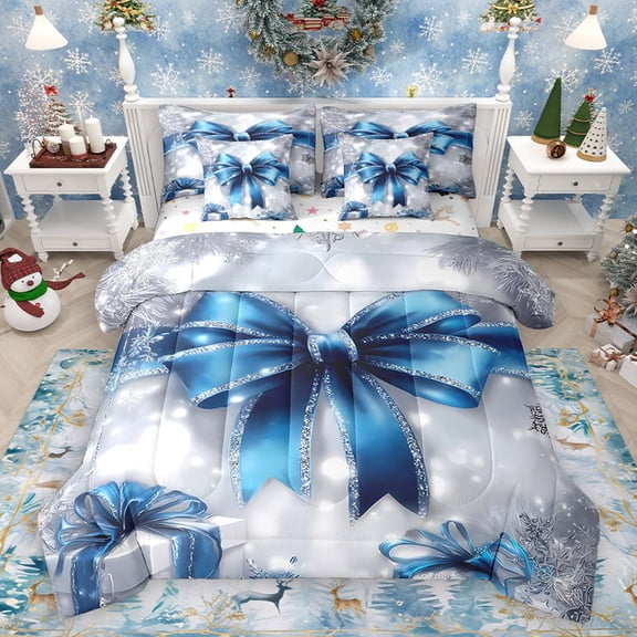 Homewish Blue Bow 7-Piece Twin Bedding Sets for Teens Boys Girls,Merry Christmas Bedding Comforter Set,Bling Glitter Breathable Sheet Sets,Microfiber Bedroom Decor,Reversible
