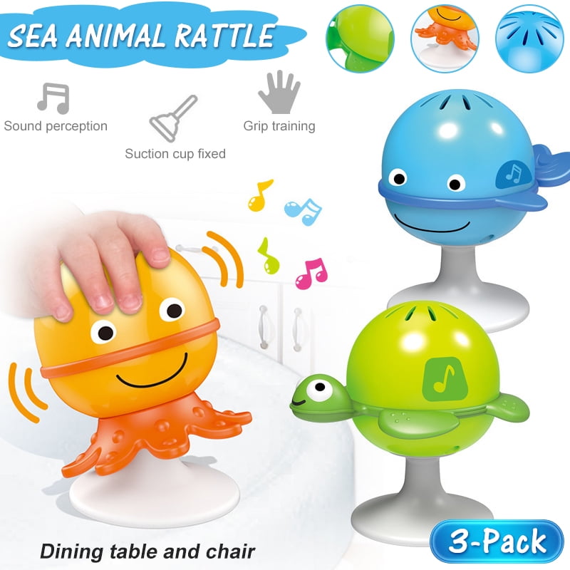 Homaful 3 Pack Baby High Chair Animal Rattle Toy with Suction Base Interactive Infant Toddlers Early Learning Toy Hand Shaker Developmental Tray Toy for Babies Ages 6 Months and Up Ideal Newborn Gifts