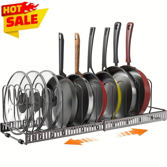Expandable Pot and Pan Organizer 7-Compartment - Adjustable Customizable Design with Spacious Dividers for Pots, Pans, Cookware, and Bakeware Perfect for Cabinet, Kitchen Countertop, Pantry Storage