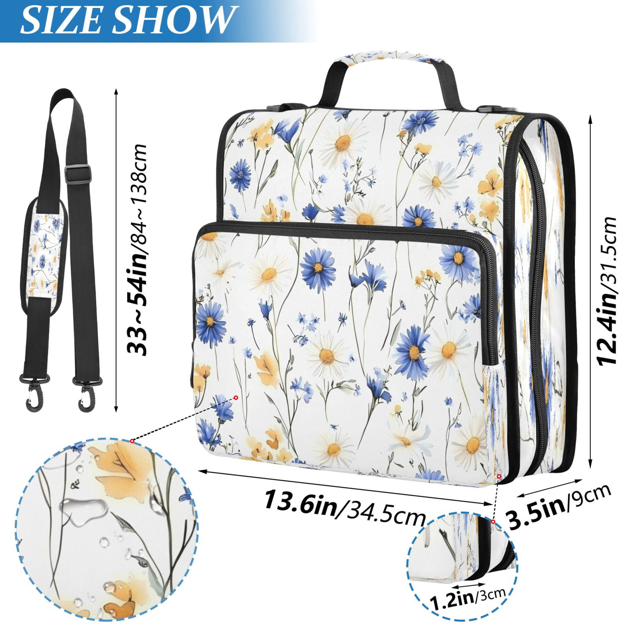 Water-Resistant 3-Ring Binder Organizer with Multiple Pockets Zipper Binder Bag for Office Blue and Yellow Wildflowers