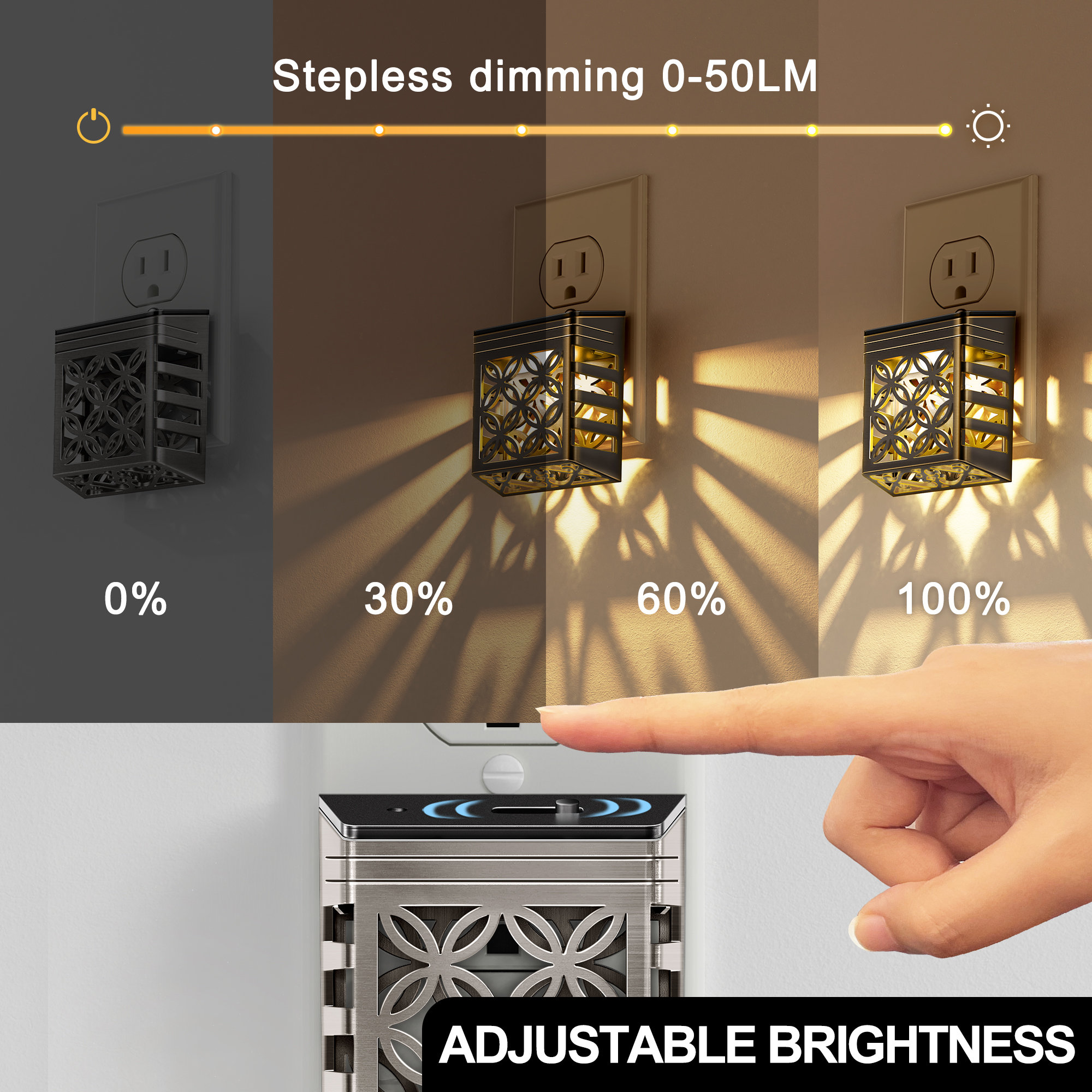YANSUN 2 pack Black Warm White 3000K Plug in Night Light with Dusk to Dawn Sensor, Solar Style Night Light with Dimmer, for Bedroom Stairwell Kitchen