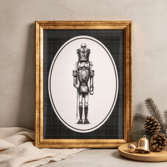 Nutcracker Print Framed Christmas Wall Art, Glass Protected Holiday Nutcracker Artwork for Traditional Christmas Interior Styling