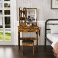 thumbnail image 3 of Teqhome Lighted Mirror Power Station Makeup Vanity Desk Set with 3 Drawers 3 Open Shelves 3 Cubbies Stool for Bedroom Dressing Room (Brown), 3 of 14