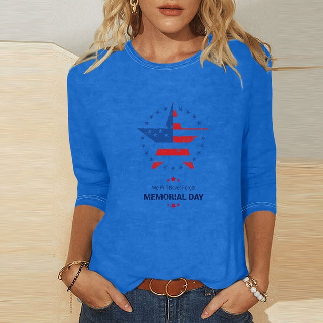 Fiudx Ropa de Mujer Blusa Holgada con Estampado Del Día de La Independencia, Manga Tres Cuartos, Cuello Redondo, Informal, para Mujer