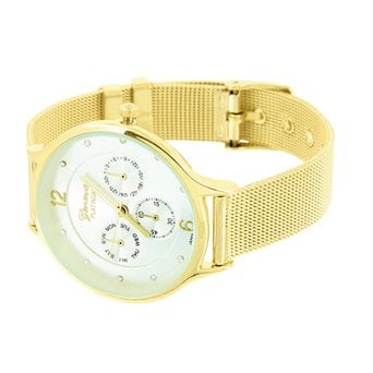 - Womens Platinum Watch Gold Finish 2 Time Zone Mesh Band Elegant Joe Rodeo