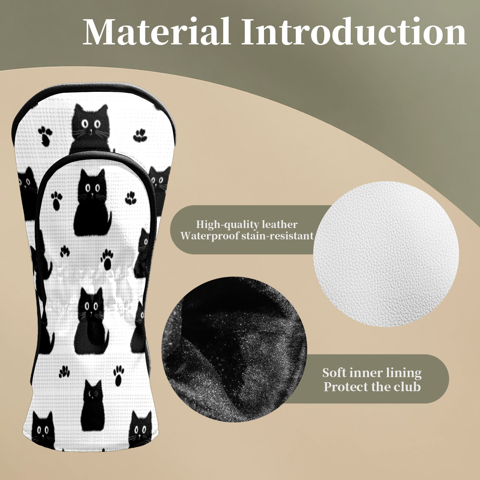 Golf Head Covers for Woods and Driver Waterproof Leather Golf Club Head Covers for Women Men Golf Driver Fairway Wood Headcover Black Cat & Paw Grid Design