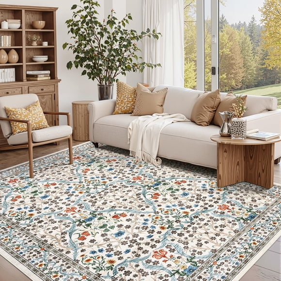 8x10 Washable Living Room Area Rug Floral Print Bedroom Rugs Soft Non Slip Botanical Carpet for Dining Room Low Pile Stain Resistant Indoor Farmhouse Rugs for Home Office, Beige