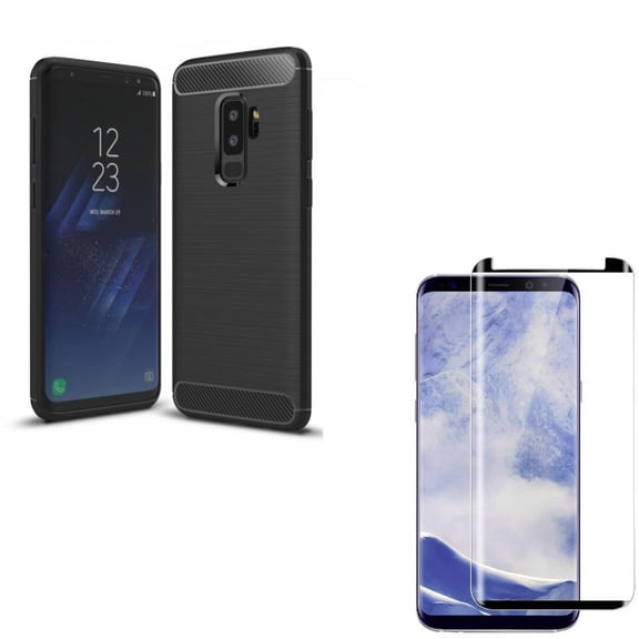 Galaxy S9 Plus Anti-Glare Screen Protector w Carbon Fiber Case - Tempered Glass Matte 3D Curved Edge, Slim Fit Cover Reinforced Bumper Shock Absorbent for Samsung Galaxy S9 Plus (S9 )