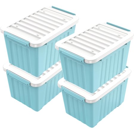 BNDFTF 97 Quart Plastic Storage Bin Blue Stackable and Nestable Storage Boxes with White Lids and Secure Latching Buckles Large Storage Container 97 Qt-4 Pack (Blue 97Quart-4Pack)