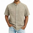 thumbnail image 2 of Hesxuno Men Fashion Button Down Shirts Mandarin Collar Denim Short Sleeve Shirt Loose Fit Western Work Tops Casual Stretchy Cowboy Blouses with Pockets Khaki XXL, 2 of 5