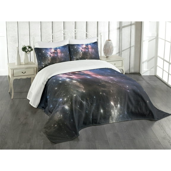 Ambesonne Constellation Quilted Bedspread Set 3 Pcs, Vivid Supernova, King Size, Pale Pink Blue Black
