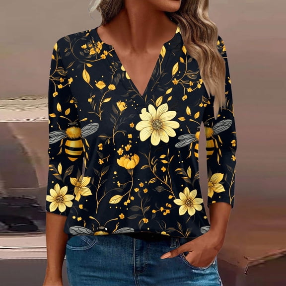 SOOMLON Womens 3/4 Length Sleeve Tops Plus Size Tunic Cotton Bee Festival Tops Casual V Neck Shirts Funny Honey Bee Print T Shirts 2025 Trendy Spring Summer Ladies Tops Loose Fit Outfits Pullover XL