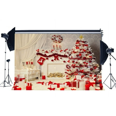 Image of 7x5ft Photography Backdrop Christmas Decoration Tree Fireplace Gift Box Garland Candles Interior Xmas Backdrops for Baby Kids Adult Happy New Year Background Photo Studio Props