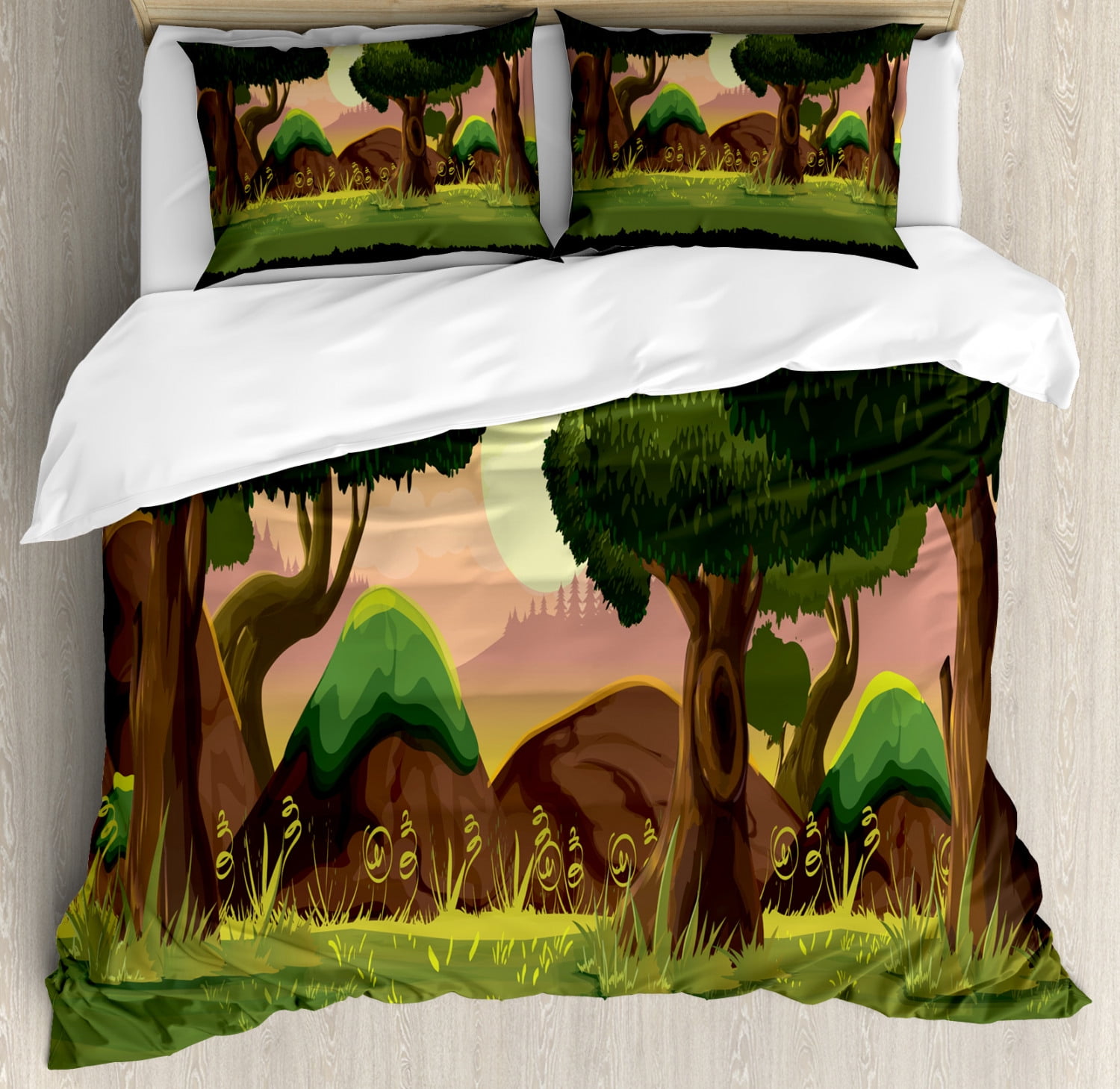 Forest Duvet Cover Set Queen Size, Animation Game Scenery Inspired Graphic Woodland and Trees with Sunset Background, Decorative 3 Piece Bedding Set with 2 Pillow Shams, Multicolor, by Ambesonne