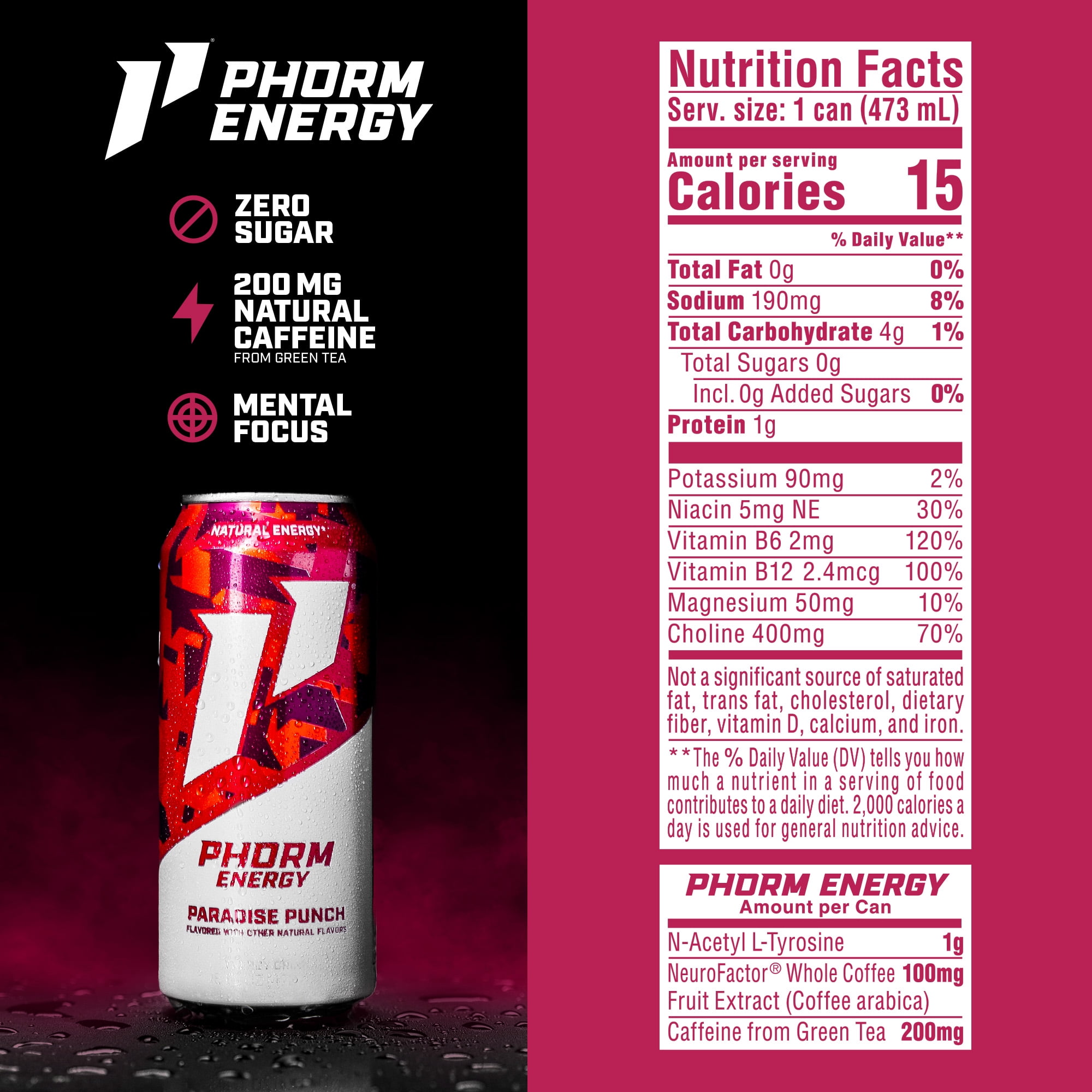 Phorm Sugar Free Energy Drink, Paradise Punch Flavor, 16 fl oz Cans, 12 Pack, 200 MG Natural Caffeine