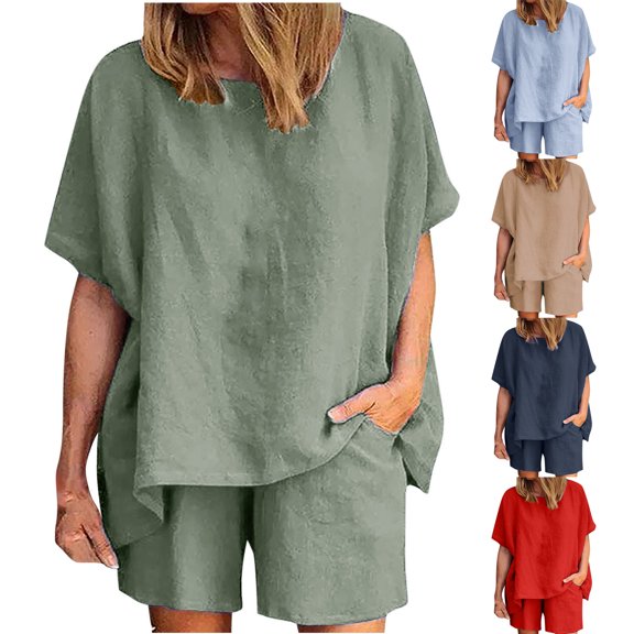Zekutng 2 Piece Sets for Women Casual Summer Round Neck Short Sleeve Tops and Shorts Two Suit,Sizes S-2XL